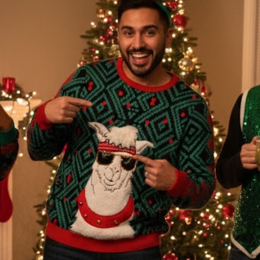 🎄Funny Holiday Party Llama Sweater 3D Details & Nordic Pattern - L